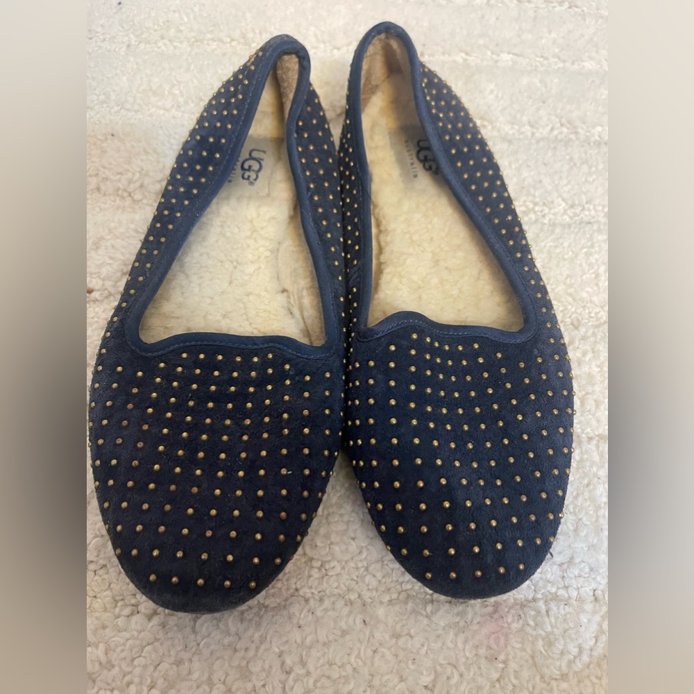 UGG Alloway Blue Suede Sheepskin Gold Stud Flats